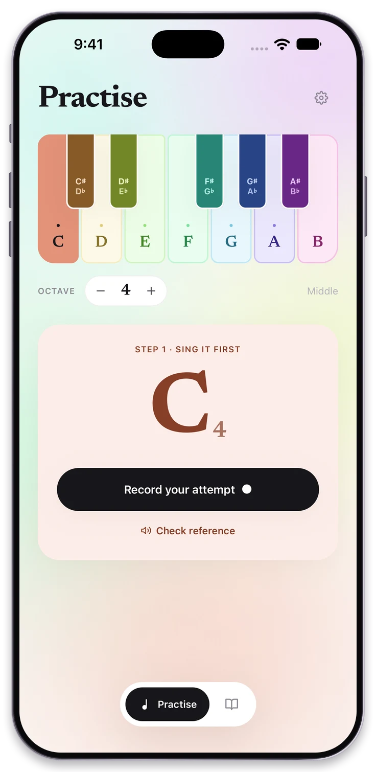 Pitch Checker on iPhone: C4 selected above Record your attempt