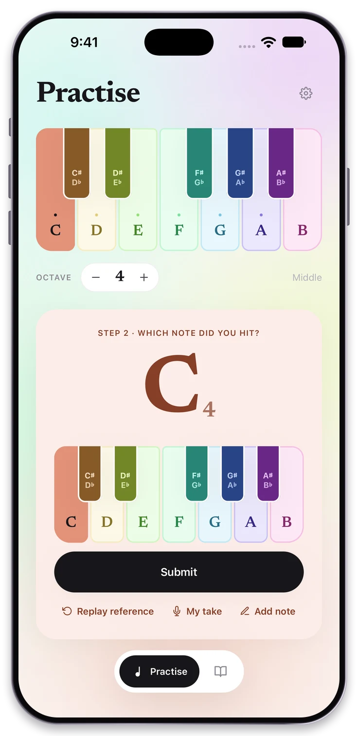 Real iPhone app screen for choosing the note you sang