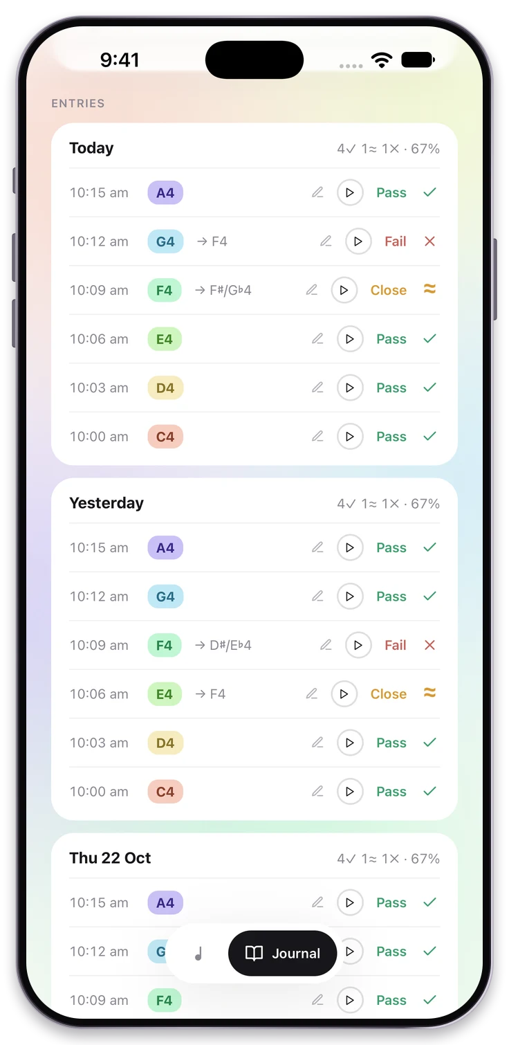 Journal entries with saved recording playback buttons and example notes