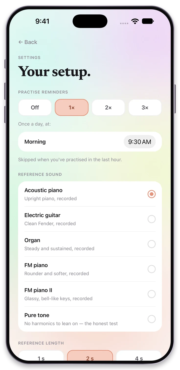 Actual reminder settings showing one daily reminder at 9:30 am, with Off, 1, 2 and 3 reminders available